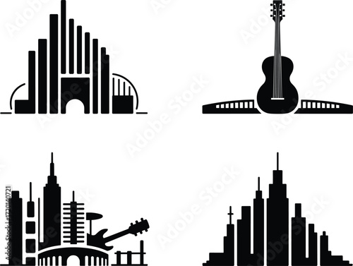 A vector icon set for a city music festival, this collection features rock band instruments like guitars and drums with urban skylines
