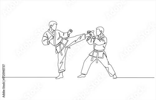 Vector art of two karate practitioners engage in a sparring match, the dynamic line art captures the intensity and skill of martial arts combat, showcasing discipline