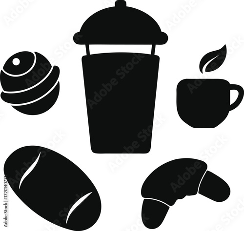 Collection of black silhouette icons representing coffee cup pastry bread and sweet treat isolated on white background isolated on transparent background