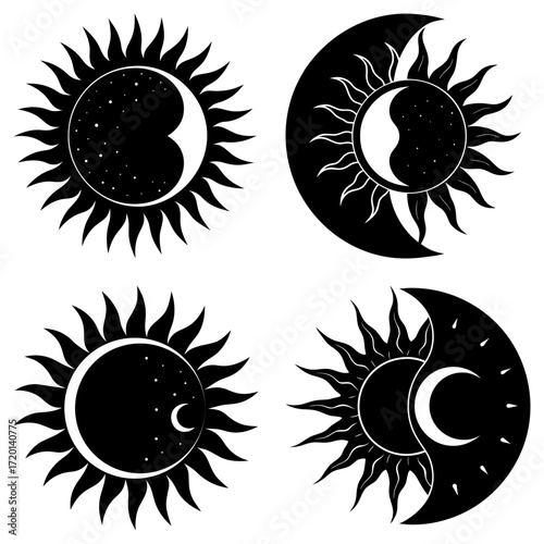 Four celestial designs featuring suns and moons in black and white with intricate details and patterns