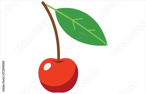 Vector art of a vibrant red cherry with a lush green leaf, the cherry is plump and juicy, and the leaf is fresh and verdant, creating a delightful contrast