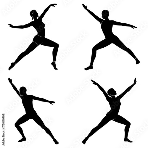 Four silhouettes of people in dynamic poses with arms raised and legs extended in a dance like position