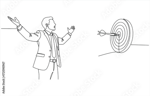 Vector art of a line drawing of a businessman celebrating a bullseye hit, , representing success, achievement, and strategic goal attainment in business