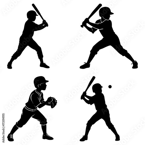 Silhouette illustrations of baseball players in various poses on a white background design layout