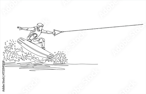 Vector art of a wakeboarder is riding the waves, holding onto a rope, and wearing a helmet the drawing is in black and white, with a sketchy style