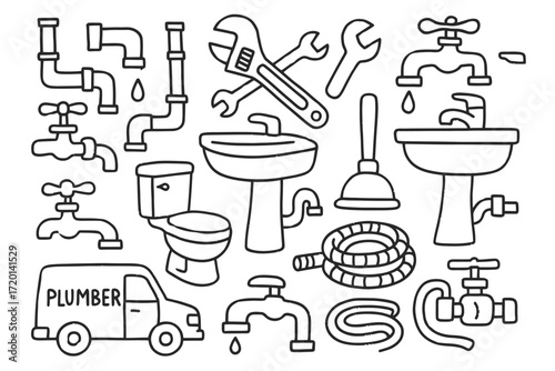Black Line Art Plumbing Tools and Fixtures Illustration for Repair and Maintenance