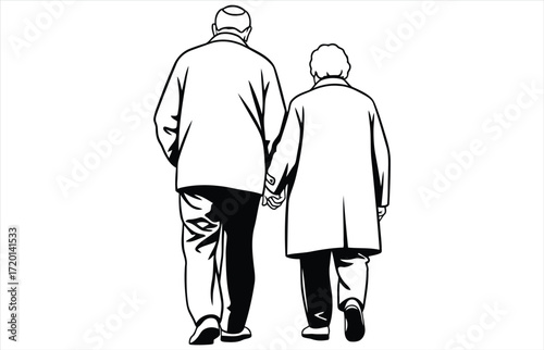 Vector art of an elderly couple walks hand in hand, their backs to the viewer, in a simple black and white illustration, conveying companionship and love