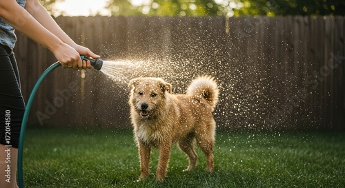 Happy dog gets a refreshing shower with hose on a sunny day in the backyard
