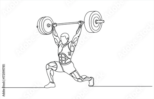 Vector art of a weightlifter is shown in a continuous line drawing, lifting a barbell overhead, demonstrating strength and fitness