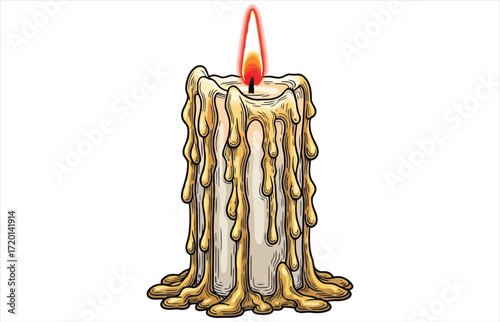 Vector art of a burning candle with dripping wax, the candle is lit and the flame is flickering, creating a warm and inviting glow in the darkness