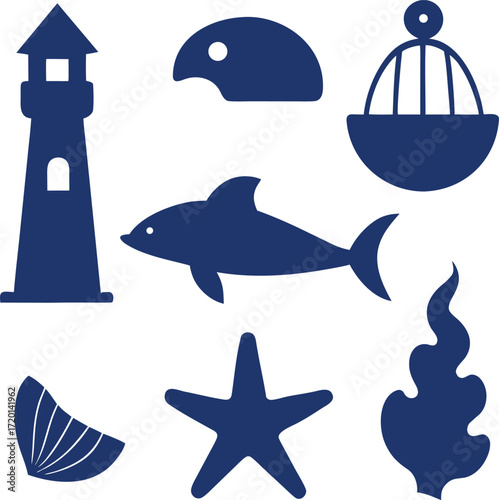 Collection of nautical and marine life silhouettes including a lighthouse shark starfish and seashell isolated on white background isolated on transparent background