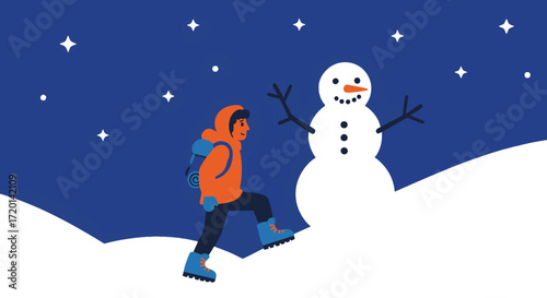 A Hiker's Snowy Adventure Ascending to Meet a Cheerful Snowman Under the Starry Night Sky