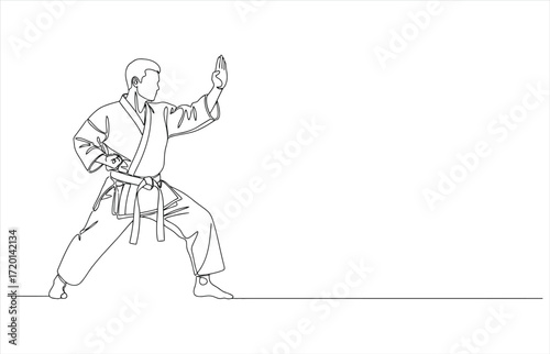 Vector art of single continuous line drawing of a karate master in stance, , demonstrating discipline, strength, and the art of martial arts