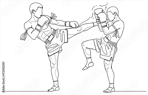 Vector art of an actionpacked illustration depicting two muay thai fighters engaged in a dynamic kickboxing match, showcasing their skill and athleticism