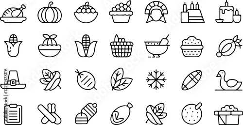 Thanksgiving celebration icon set featuring roast turkey, pumpkin pie, cornucopia, cranberry sauce, mashed potatoes, stuffing, pilgrim hat, family dinner and gratitude vector illustration