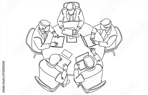 Vector art of a continuous line drawing of a business meeting, showing a group of people sitting around a table, discussing ideas and making decisions