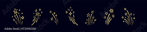 Set of golden handwriting crayon fireworks. Chalk scribble drawings on the blackboard. Christmas night and New Year eve salute. Festive star firecracker border. Decorative vector background