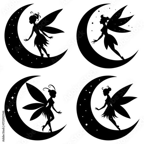 Silhouetted fairies perched on crescent moons with starry details in a whimsical monochrome illustration