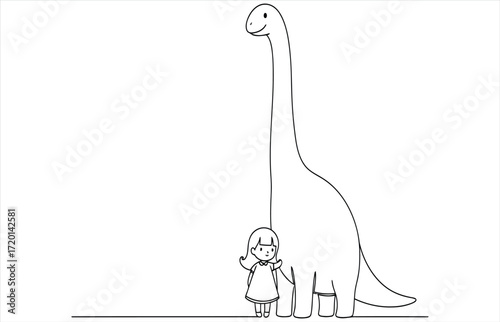 Vector art of a charming line art illustration featuring a small girl holding hands with a friendly, towering dinosaur, creating a heartwarming and whimsical scene