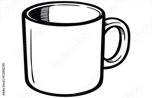 Vector art of a simple black and white line art illustration of a classic coffee mug, , perfect for designs related to beverages and morning routines