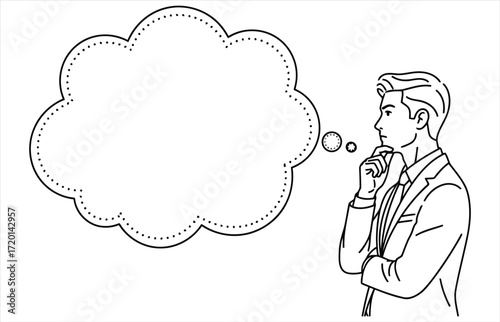 Vector art of a thoughtful businessman in a suit contemplates ideas, represented by a speech bubble, this line art illustration captures the essence of strategic thinking and planning