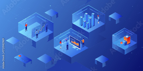 Isometric illustration of people analyzing data and charts in futuristic digital cubes