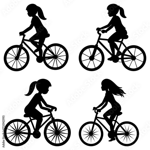 Four silhouettes of girls riding bicycles with different hairstyles and bicycle designs in black color