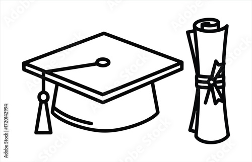 Vector art of graduation cap and diploma symbol of education, achievement, and academic success represents the culmination of hard work and dedication