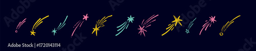 Set of colorfun neon hand drawn crayon shooting star, comet, meteor. Childish kids funky neon color pencil drawings. Starry night sky. Quirky space, galaxy, cosmic background. Firework sparks