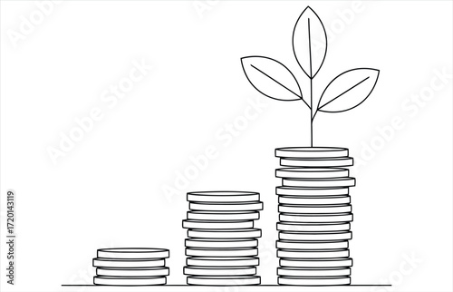 Illustration of coins stacked in increasing order with a plant growing out of the tallest stack, concept of financial growth and investment