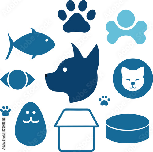 Collection of blue pet care icons including dog cat fish paw prints bone food bowl and house isolated on white background isolated on transparent background silhouette
