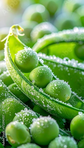 Fresh green peas in a pod glistening with morning dew in a garden setting