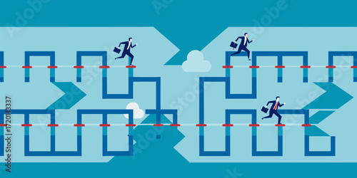 Businessmen running through a complex maze structure representing challenges and opportunities in corporate life