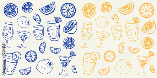 Hand drawn citrus fruits and refreshing drinks in blue and orange on a light background