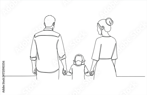 Vector art of a minimalist line drawing depicts a family of three from behind, holding hands, the father, mother, and child stand together in unity