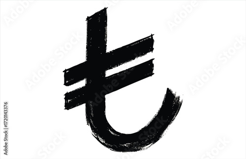 Vector art of a bold, handdrawn turkish lira currency symbol stands out against a white backdrop, the brushstroke style adds an artistic touch