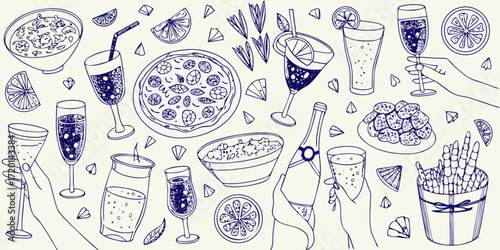 Hand drawn illustration of a celebratory spread with pizza drinks and food on a light background