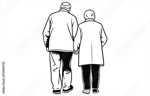 Illustration of an elderly couple holding hands, the couple is walking away, symbolizing love, companionship, and the journey of life together