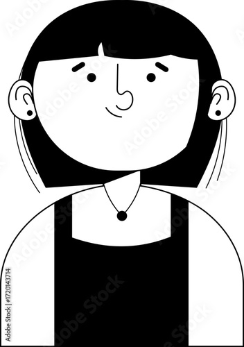 Smiling minimalist black and white cartoon character with bob hairstyle earrings and necklace.