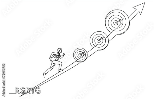 Illustration of a businessman running up a target arrow, the image represents ambition, goal achievement, and career success