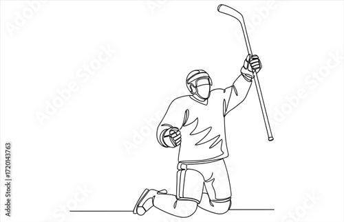 Vector art of a hockey player kneels in celebration, raising his stick in triumph, all depicted in a continuous line drawing the minimalist style captures the essence of victory