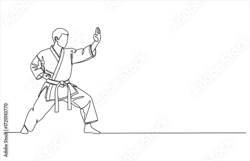 Vector art of a karate practitioner executes a defensive stance, rendered in a single continuous line drawing the artwork embodies focus, discipline, and martial arts tradition
