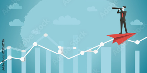 Businessman with spyglass on red paper airplane looking towards future growth on a financial chart