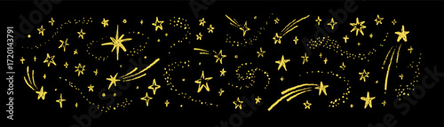 Hand drawn golden stars on the black night sky mystic magic background. Golden shooting stars, comets, nebula in the outer space. Pastel, chalk drawing. Vector illustration in sketch style