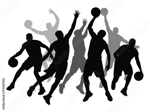 Dynamic basketball players in action silhouette with multiple figures and balls
