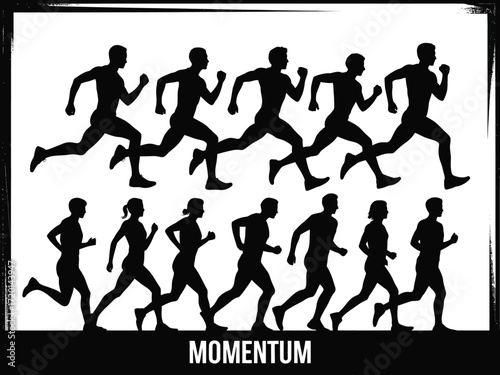 A dynamic sequence of male and female runners in full stride showcasing the essence of motion and athletic pursuit silhouette
