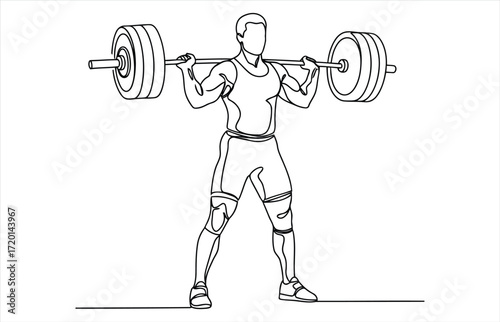 Vector art of a weightlifter is performing a barbell squat, a strength training exercise, in a continuous line drawing this minimalist art captures the essence of fitness