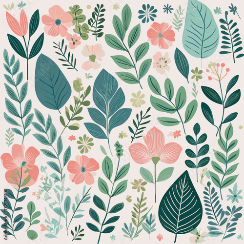 Illustration Motif Fleurs et Feuillages Nature Végétation Mélange, Papier Peint Couleurs diverses Vecteur
