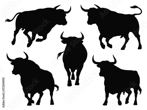 Collection of dynamic bull silhouettes in various poses and angles silhouette