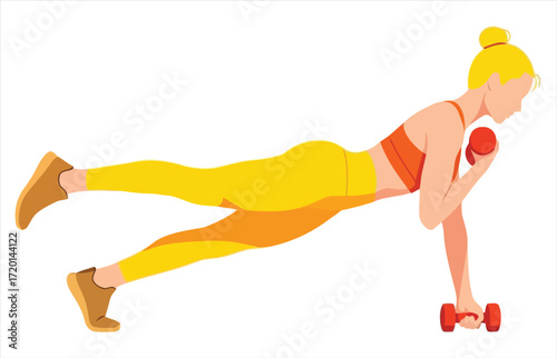 Vector art of woman doing plank exercise with dumbbell fitness girl working out with weight healthy lifestyle, sport, training, workout, wellness concept